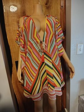 Multicolor (Pineapple) Striped V-Neck Swim Coverup with #Tassel #Retro #Bohemian